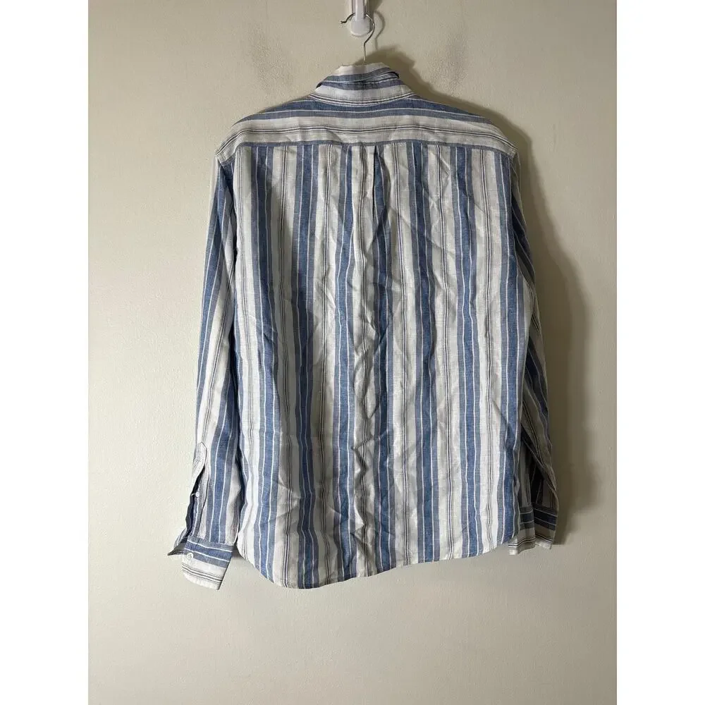 Men's J. Crew Blue White Stripe Long Sleeve Button Up Linen Shirt Sz L